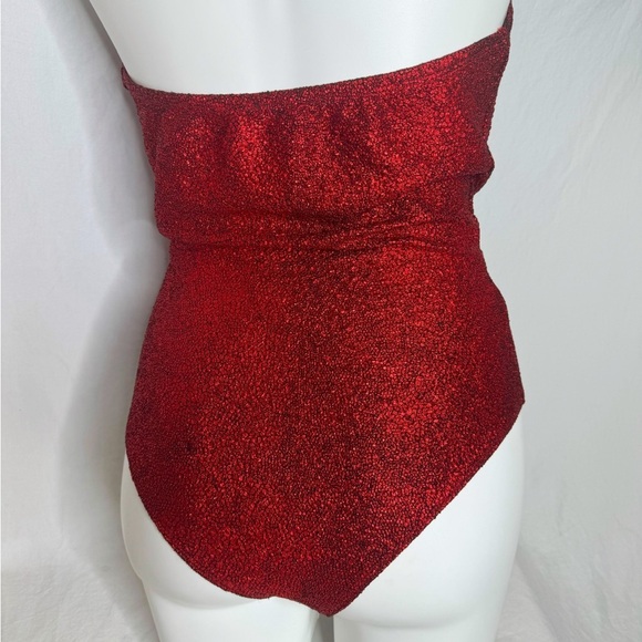 NWT Red Glitter Plunge Neckline Crossover Halter BodySuit Size Medium - Picture 3 of 4